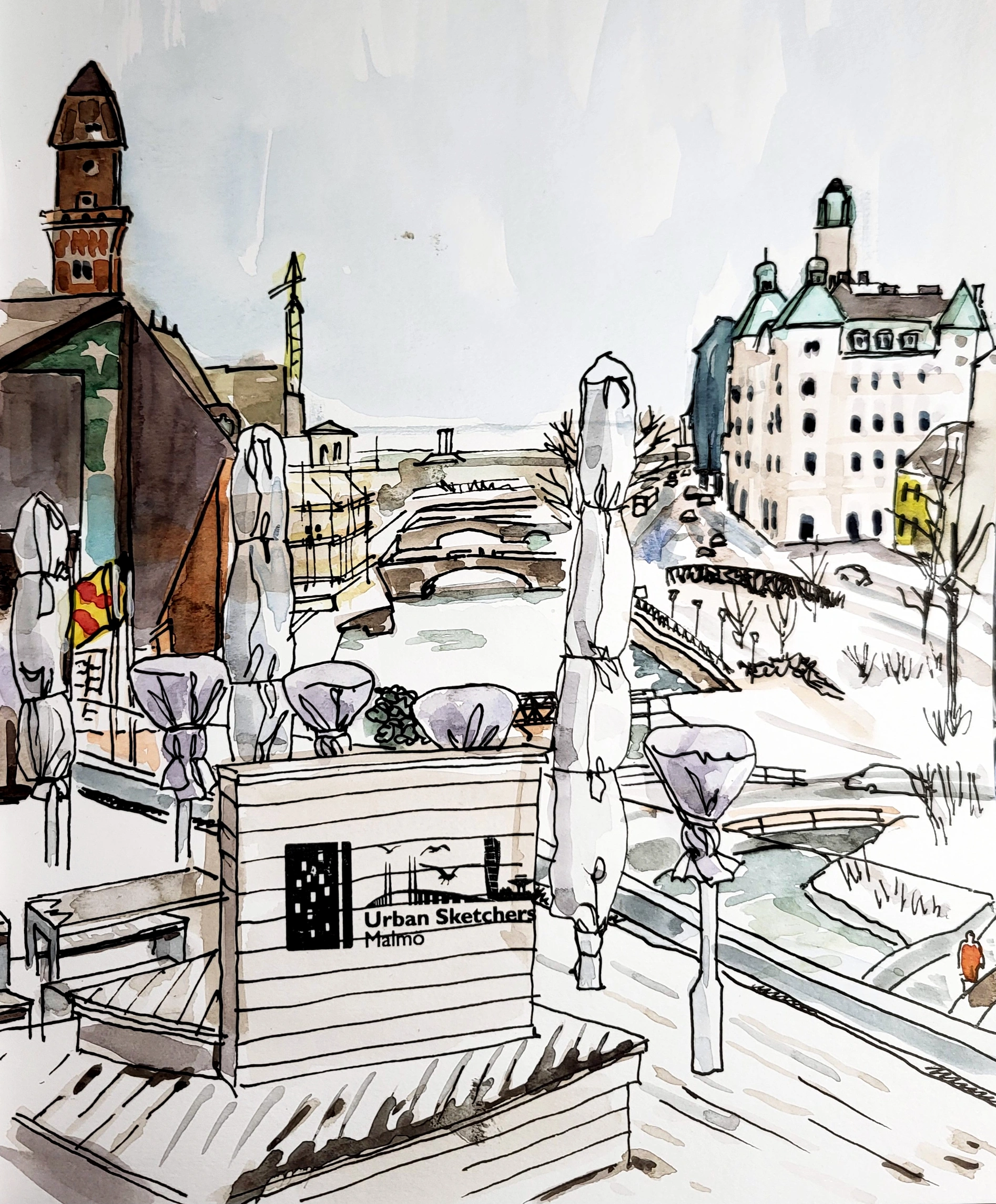 Drawing of a part of the canal 
 in Malmö seen from Malmö Live.